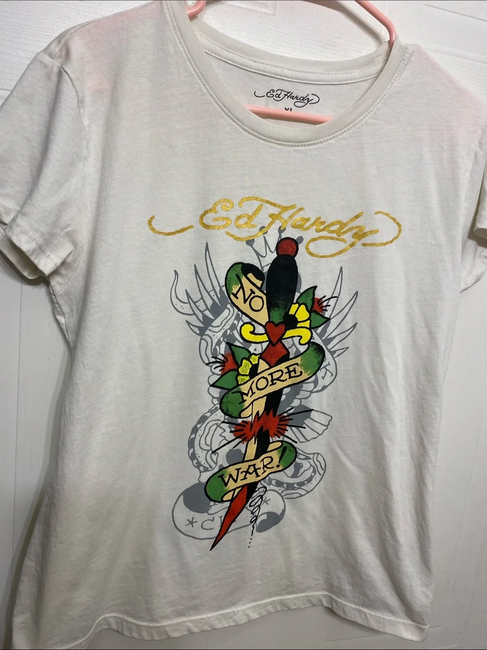 Ed Hardy White Tee with Multicolor Tattoo Graphic